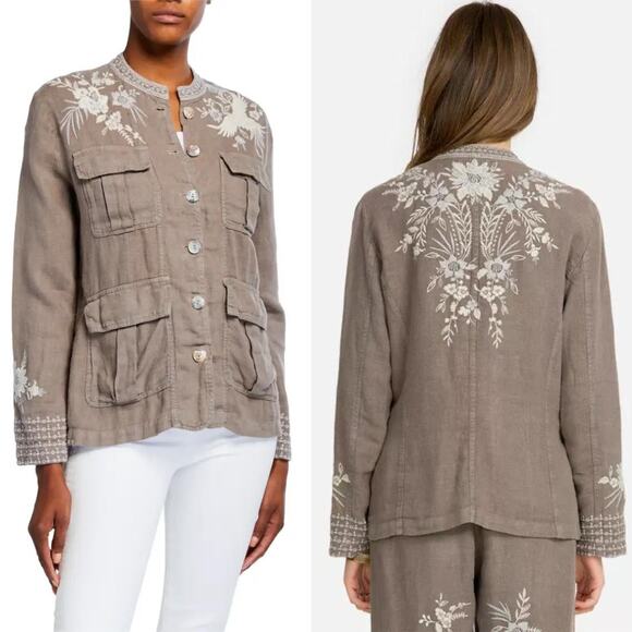 Johnny Was Workshop Oleander Linen Jacket Grey Safari Embroidered Women Medium - Picture 1 of 16